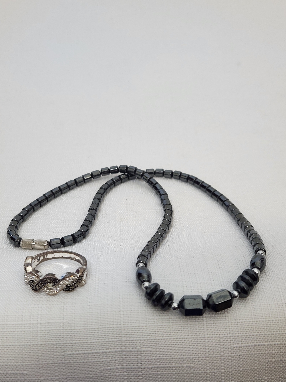 Silver-Tone Hematite Bead Necklace with Silver-Tone Marcasite Accent Ring-size 8